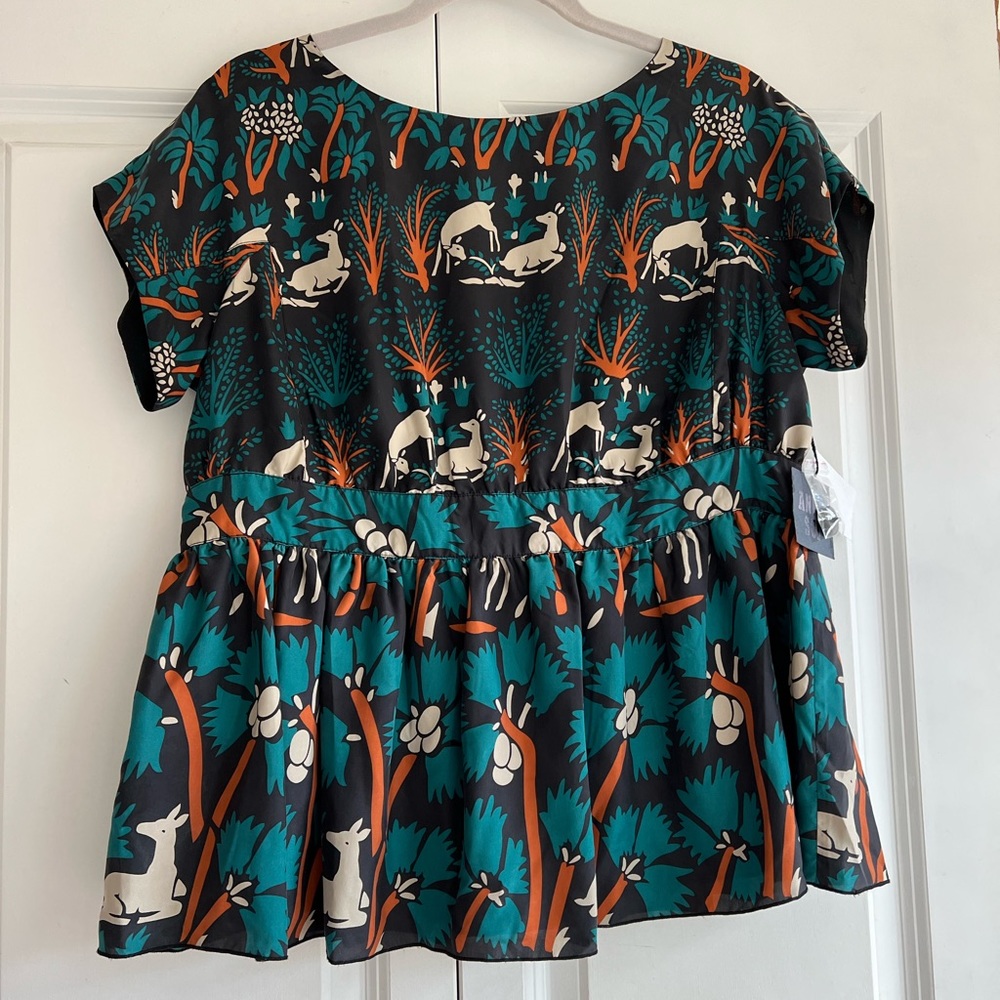 Anna Sui x Anthropologie short sleeve peplum deer top size 12